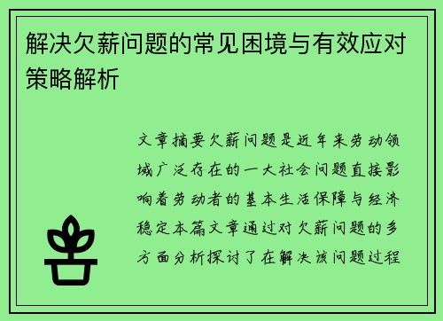 解决欠薪问题的常见困境与有效应对策略解析