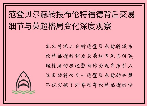 范登贝尔赫转投布伦特福德背后交易细节与英超格局变化深度观察