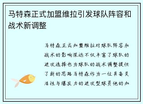 马特森正式加盟维拉引发球队阵容和战术新调整