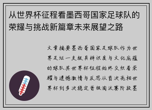 从世界杯征程看墨西哥国家足球队的荣耀与挑战新篇章未来展望之路