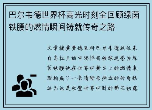 巴尔韦德世界杯高光时刻全回顾绿茵铁腰的燃情瞬间铸就传奇之路