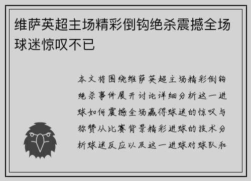 维萨英超主场精彩倒钩绝杀震撼全场球迷惊叹不已