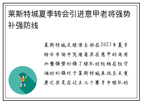 莱斯特城夏季转会引进意甲老将强势补强防线 莱斯特城夏季转会引进意甲老将强势补强防线